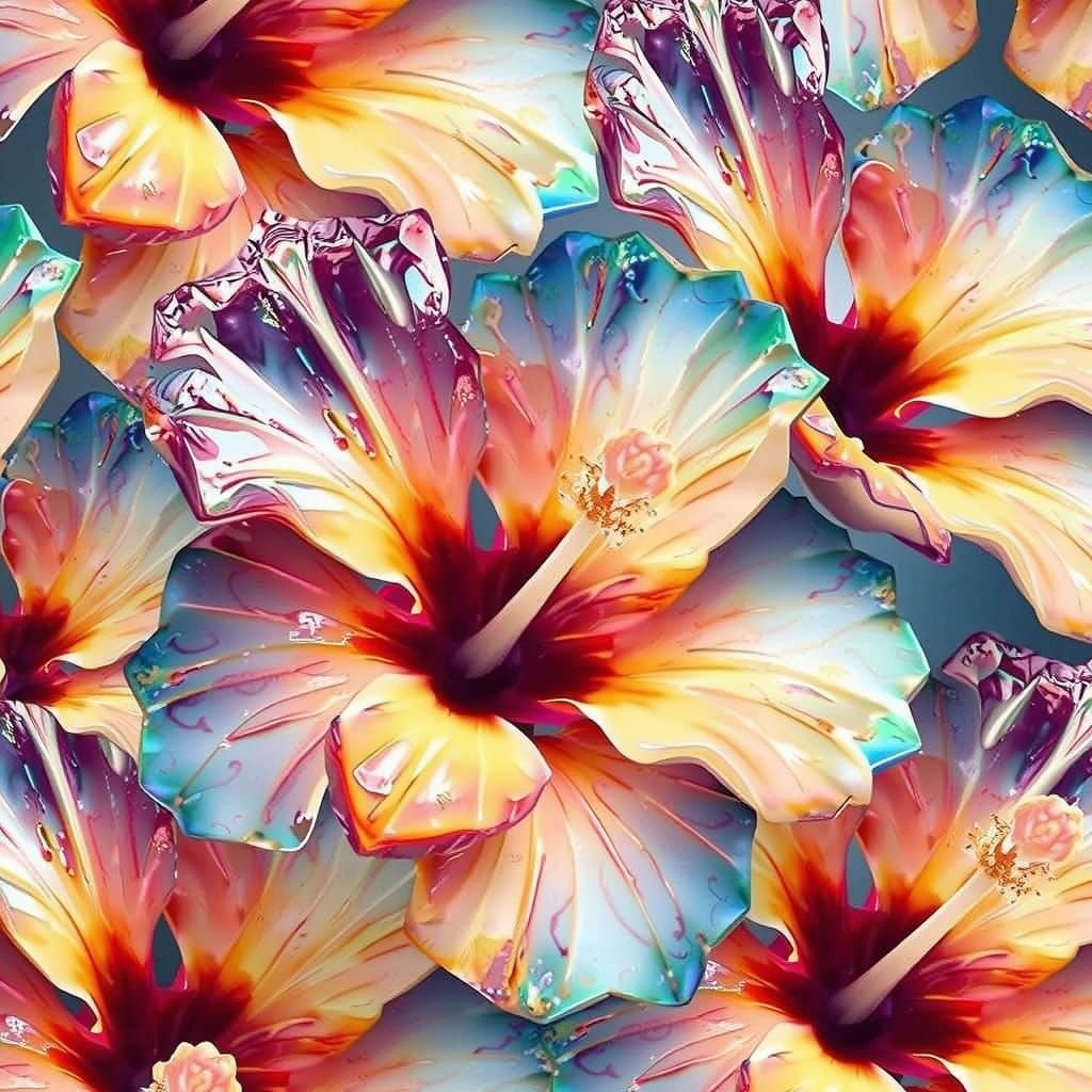 Neon Crystal Hibiscus Flowers in Futuristic Style
