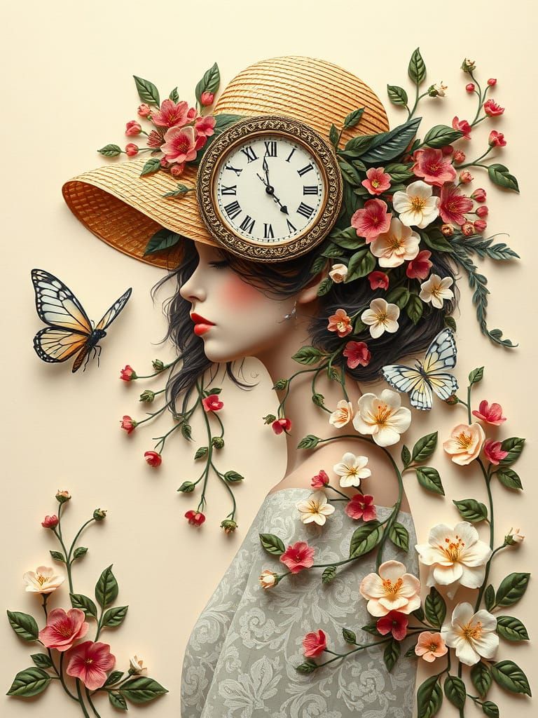 Surreal Woman with Clock Hat and Floral Hair