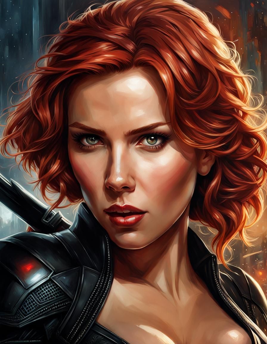 Hyperrealistic Portrait of Black Widow with Red Hair