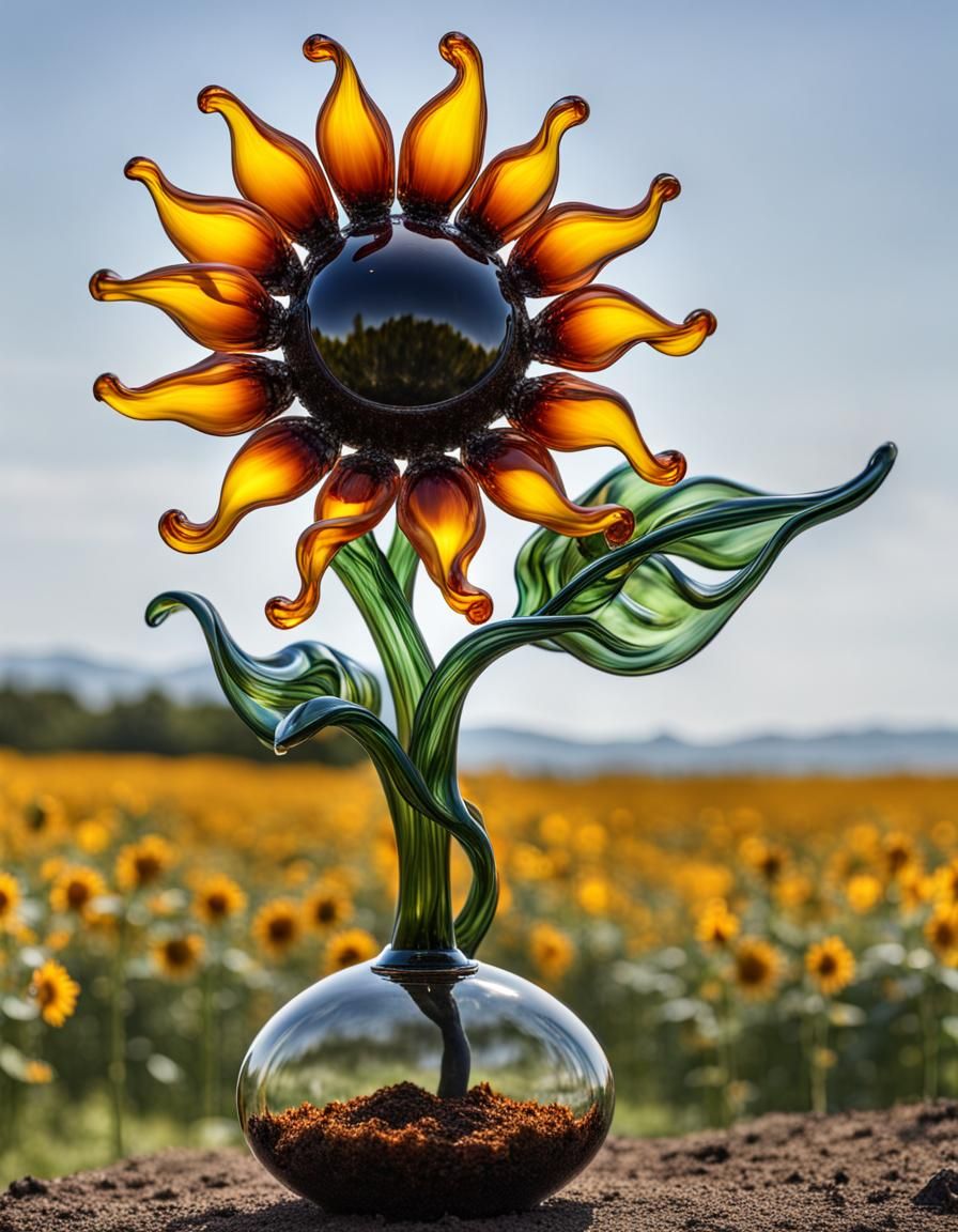 Blown Glass Sunflower Sculpture with Fire