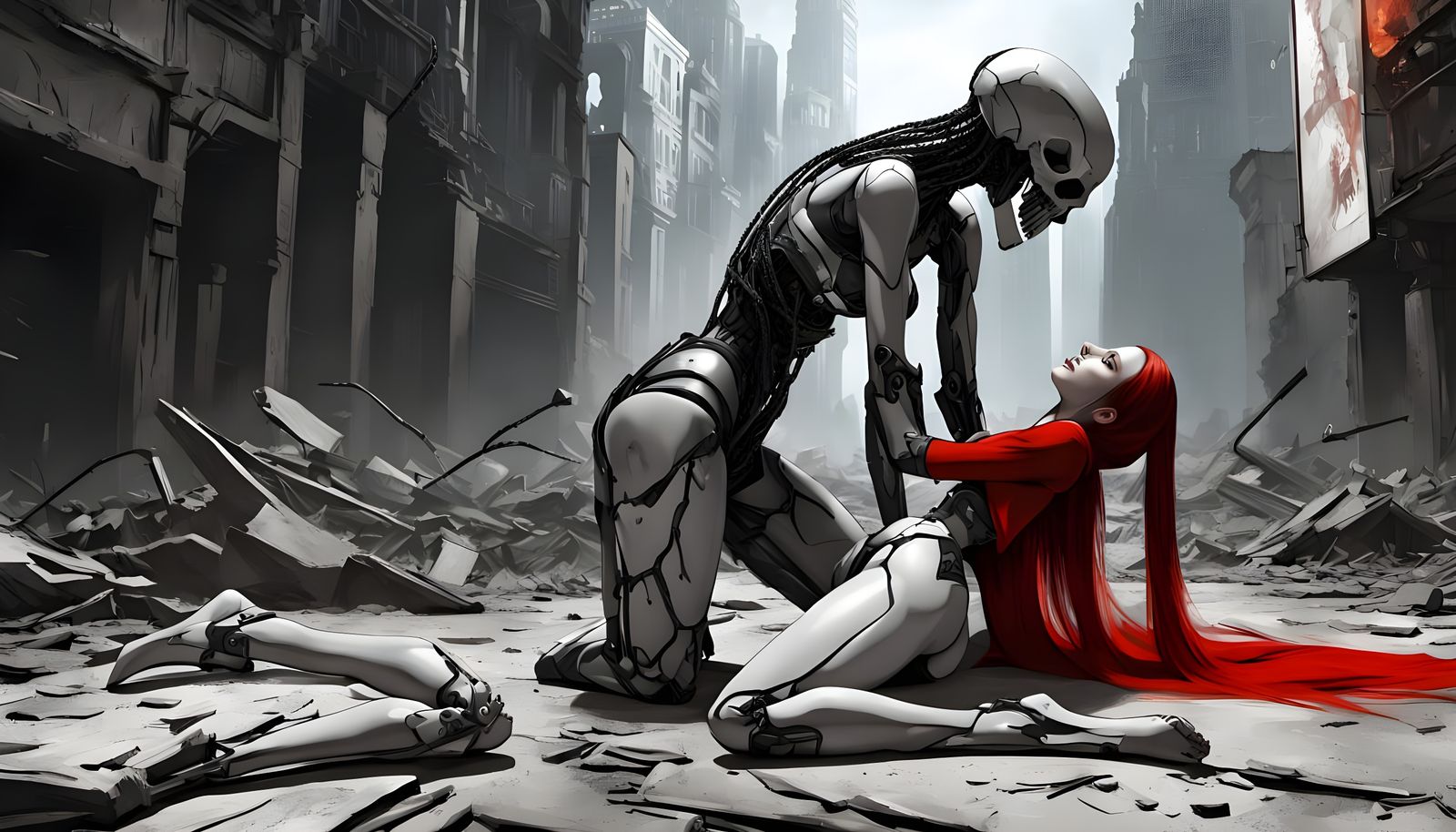 Lifeless Cyborg in Post-Apocalyptic City Ruins