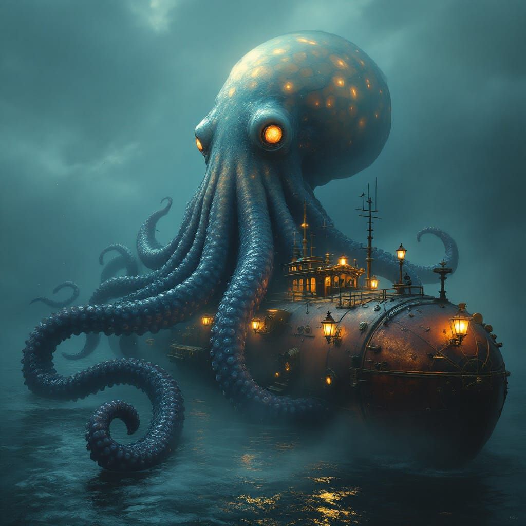 A Gigantic Monster Octopus attacking a vintage submarine