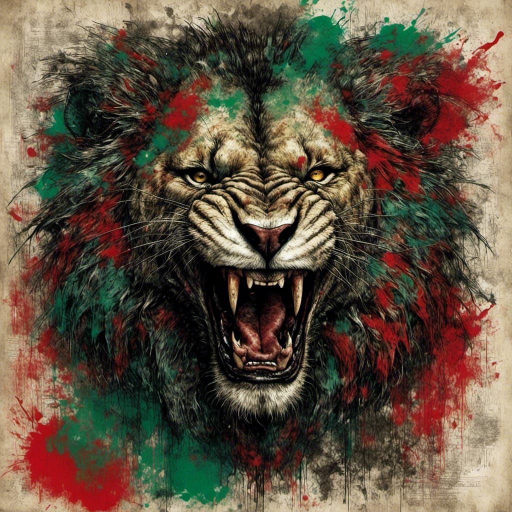 Majestic Lion Roaring in Red and Green