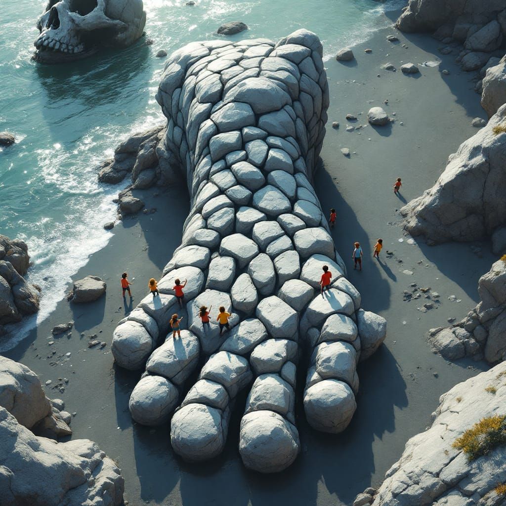 Children Play on Giant Rock Beach with Surreal Formations