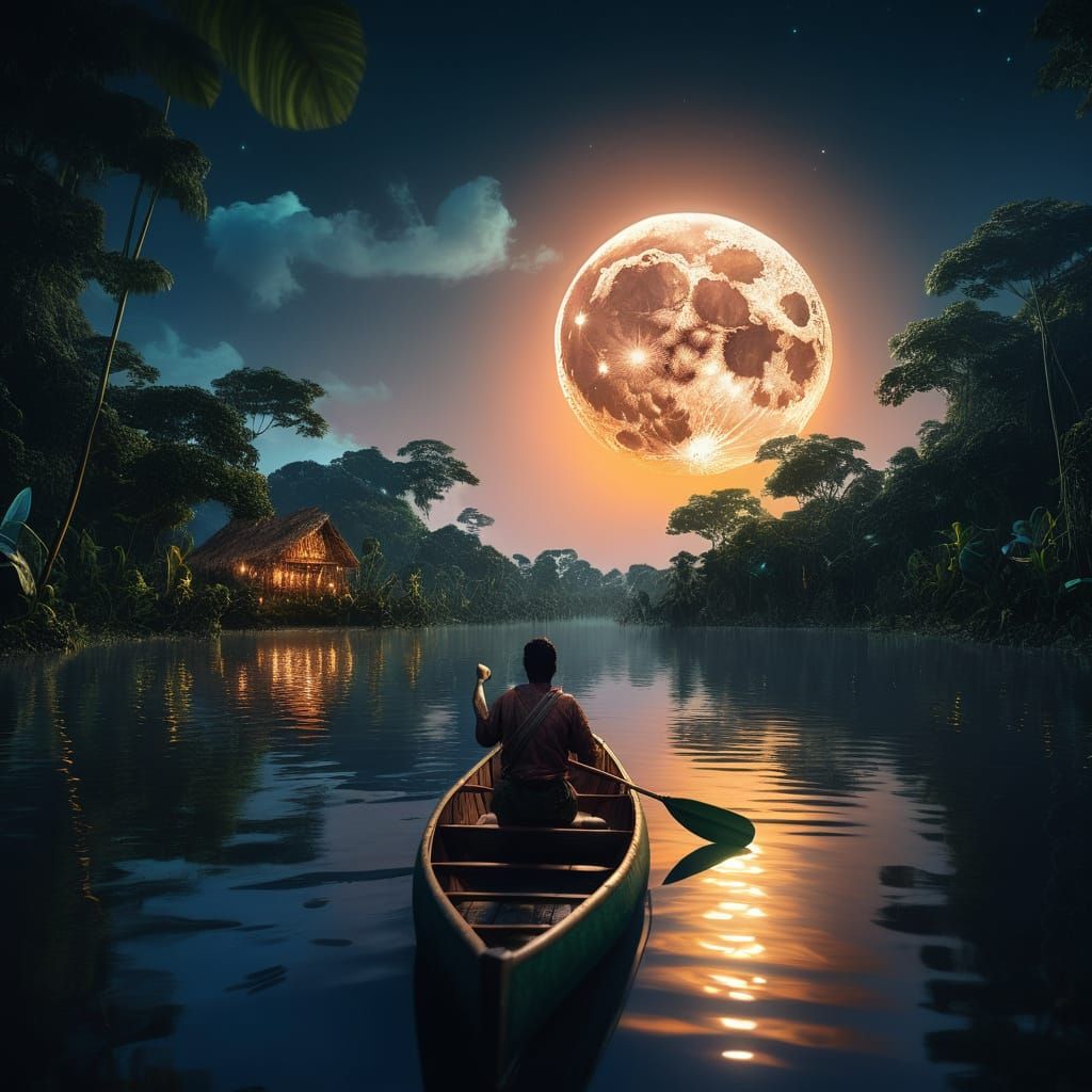 Canoe on the Amazon River at Night