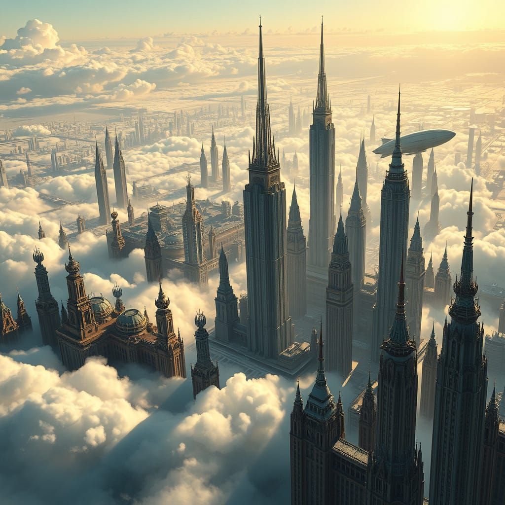 Futuristic Metropolis Soars Above Clouds in Art Deco Neo-Fut...