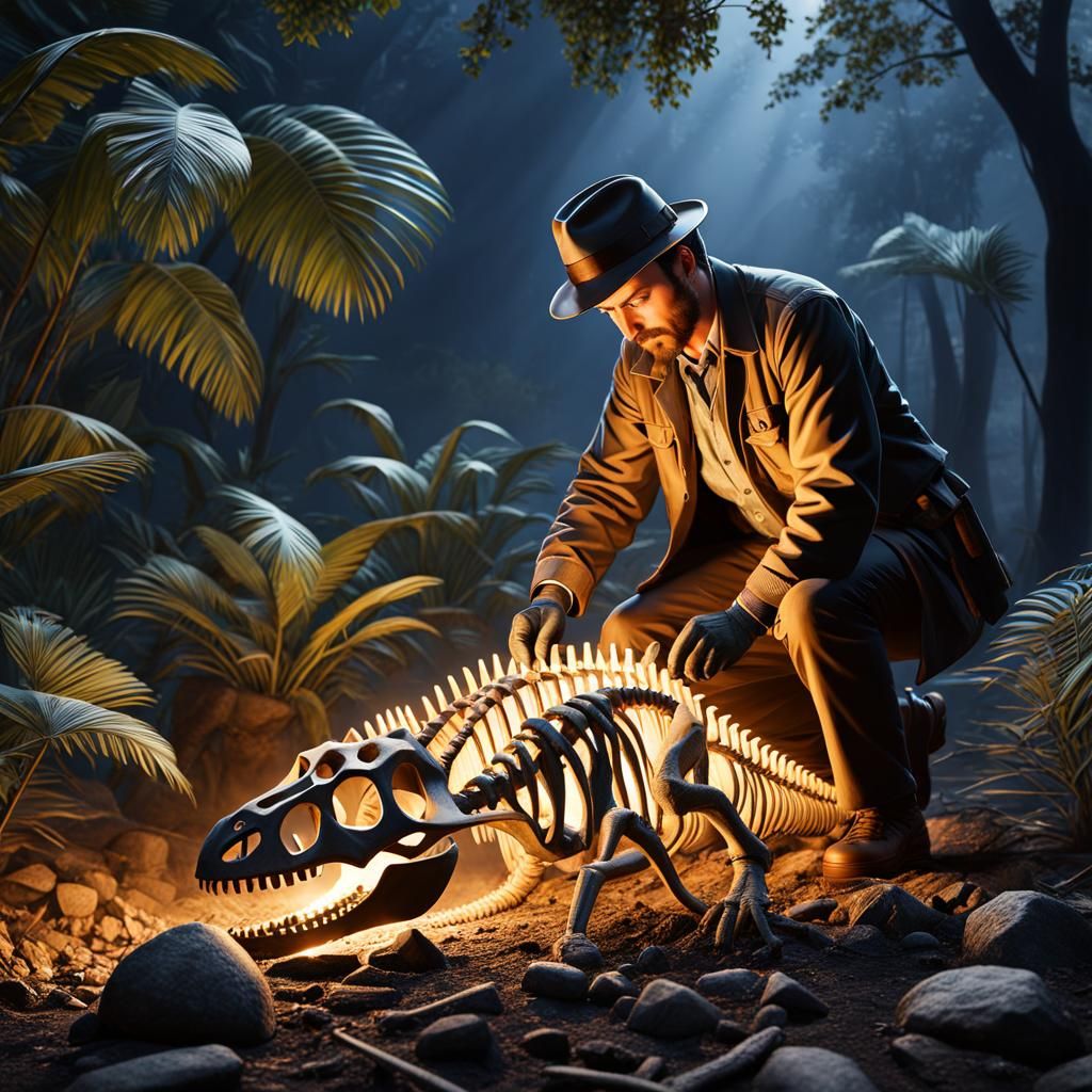 Paleontologist Unearthing Dinosaur Skeleton: Vintage Photo