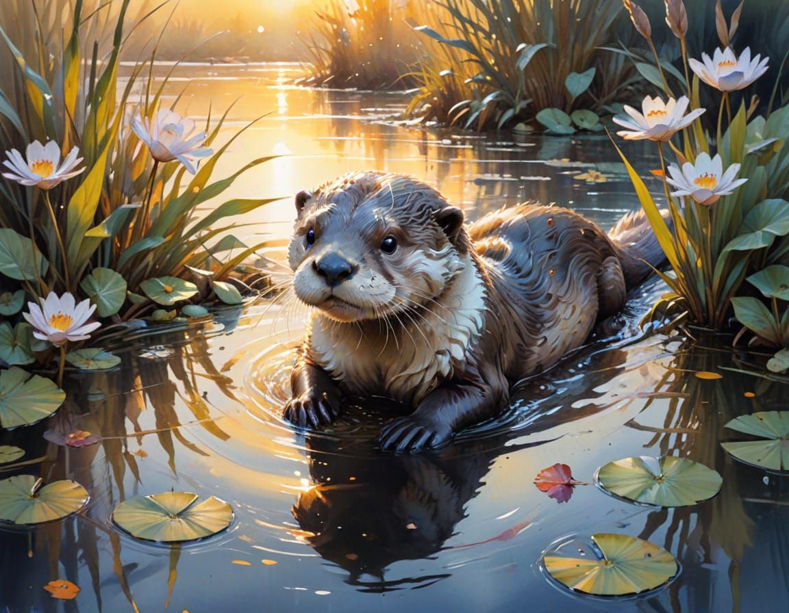 Otter Glides Through Stream: Watercolour and Light