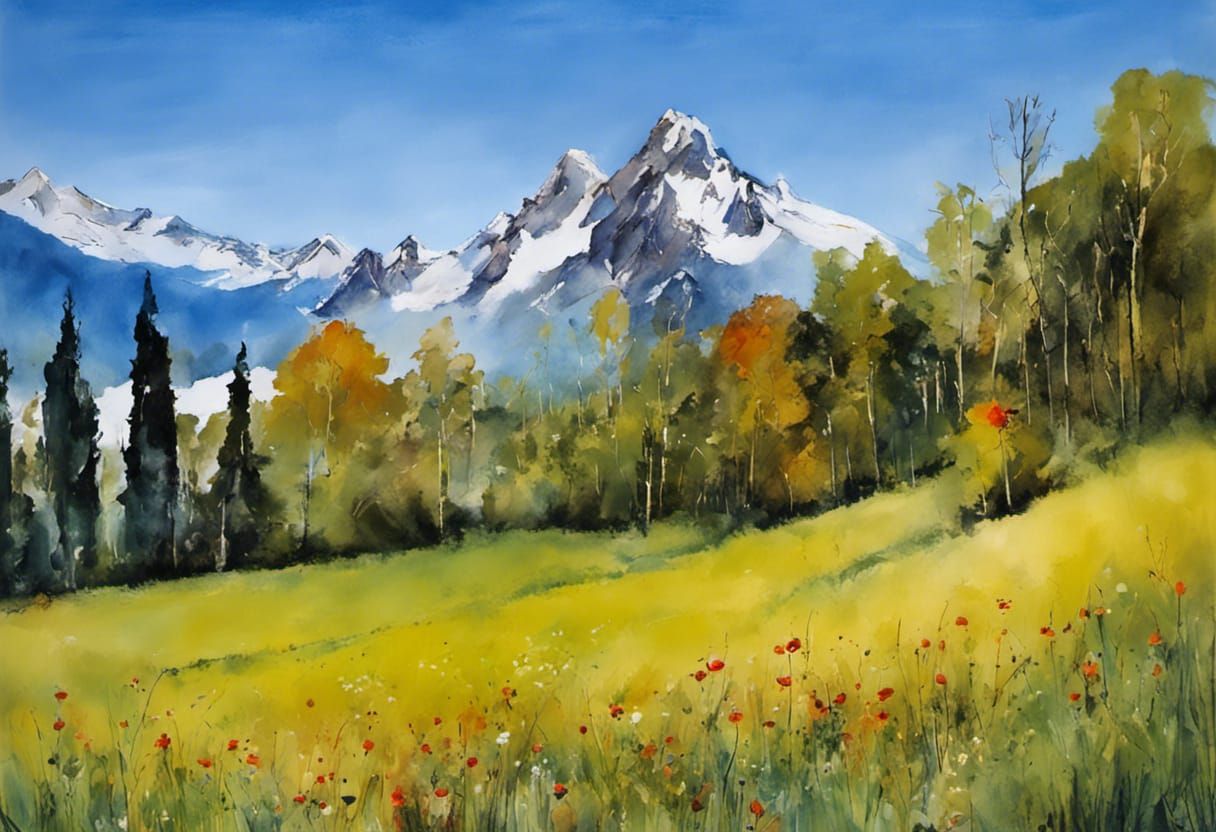 Poppy Field and Mountains in Watercolor Style