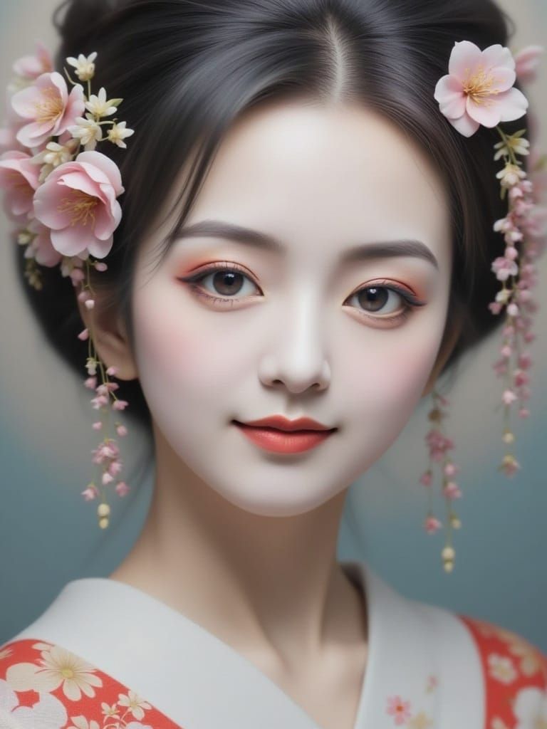 Beautiful Geisha Portrait with Sakura Blossoms