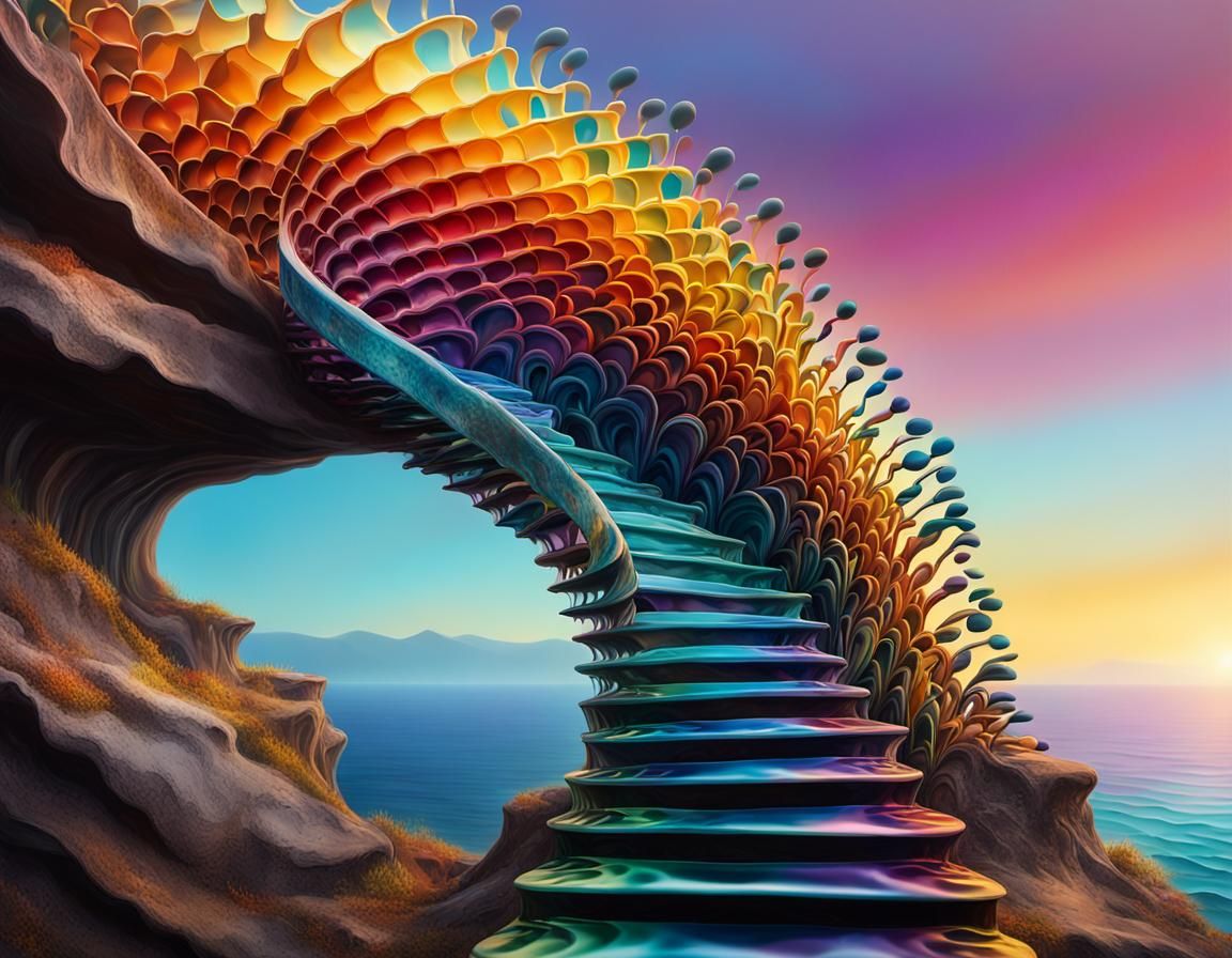 Dreamlike Ferrofluid Staircase on Cliff in Surreal Oil Paint...