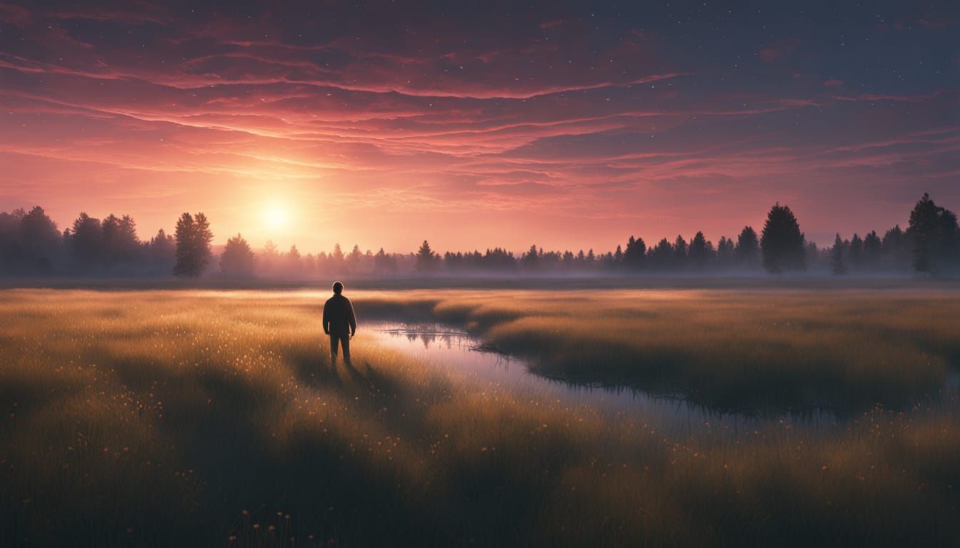 Lone Figure in Ethereal Twilight Field Under Aurora Sky