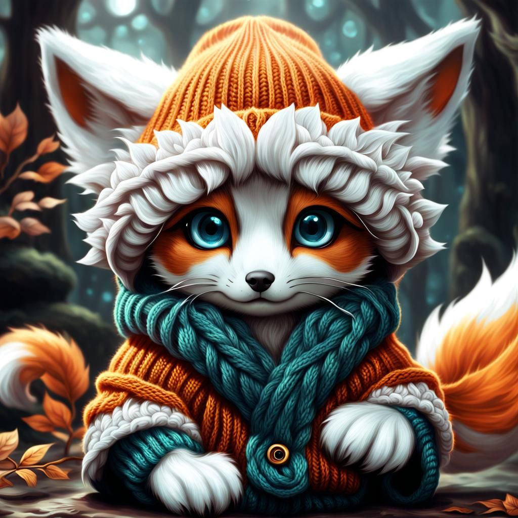Adorable Baby Kitsune with Beanie: Fantasy Concept Art