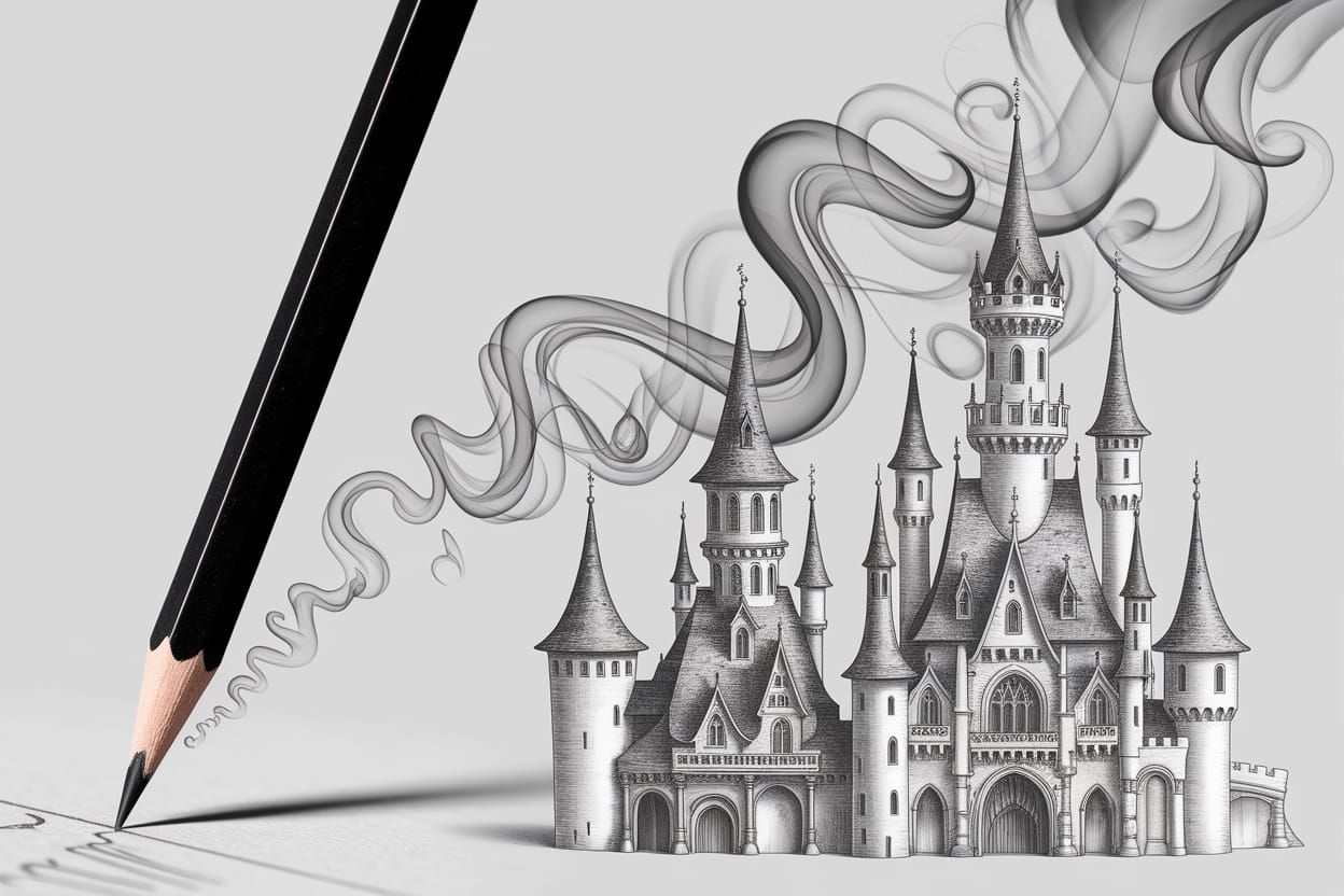 Pencil Fades to Smoke Creating Fantastical Castle and Dragon