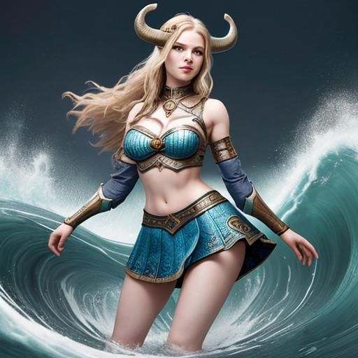 Viking Woman and Dragon Conjure Magic Waves