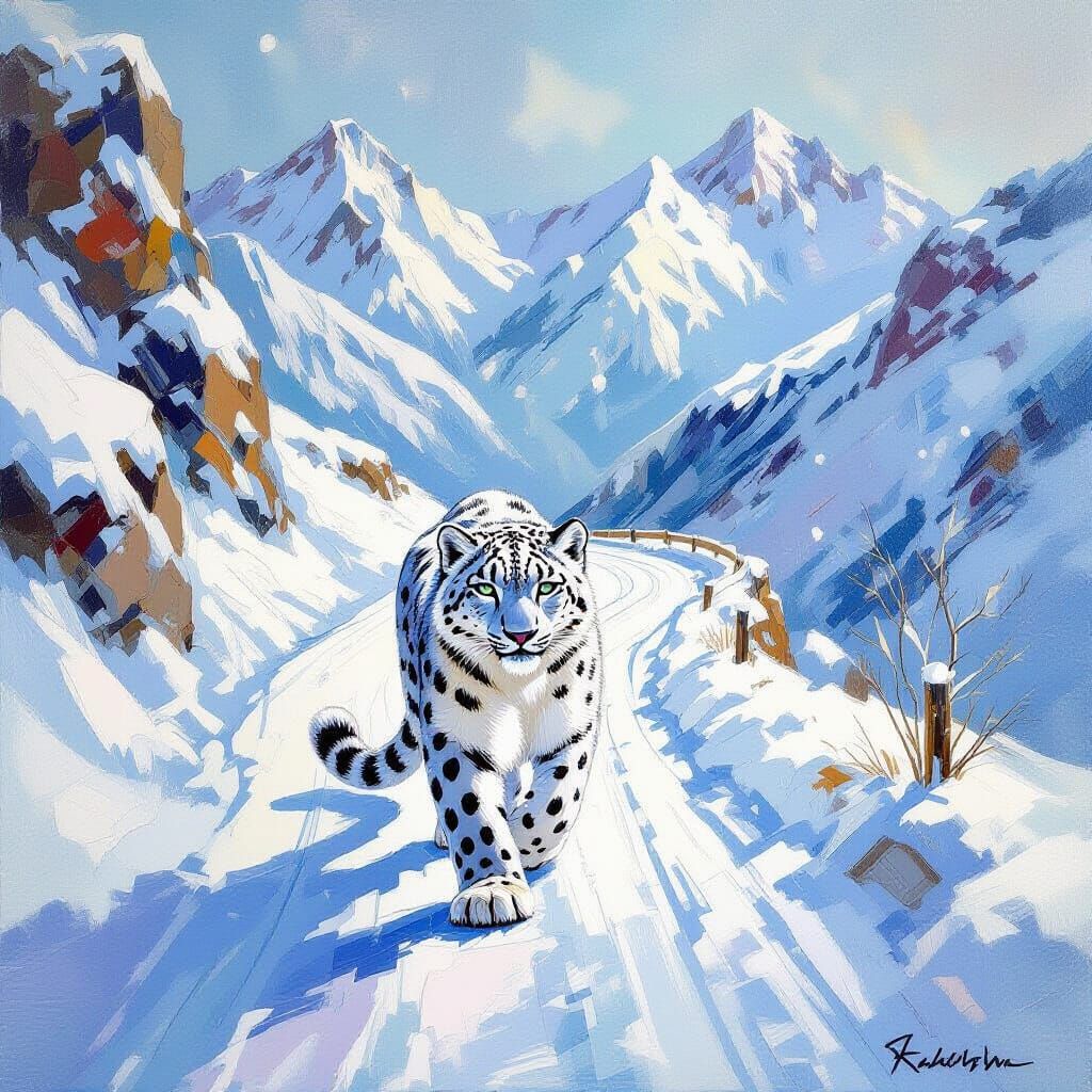 Majestic Snow Leopard in Maximalist Impressionist Style