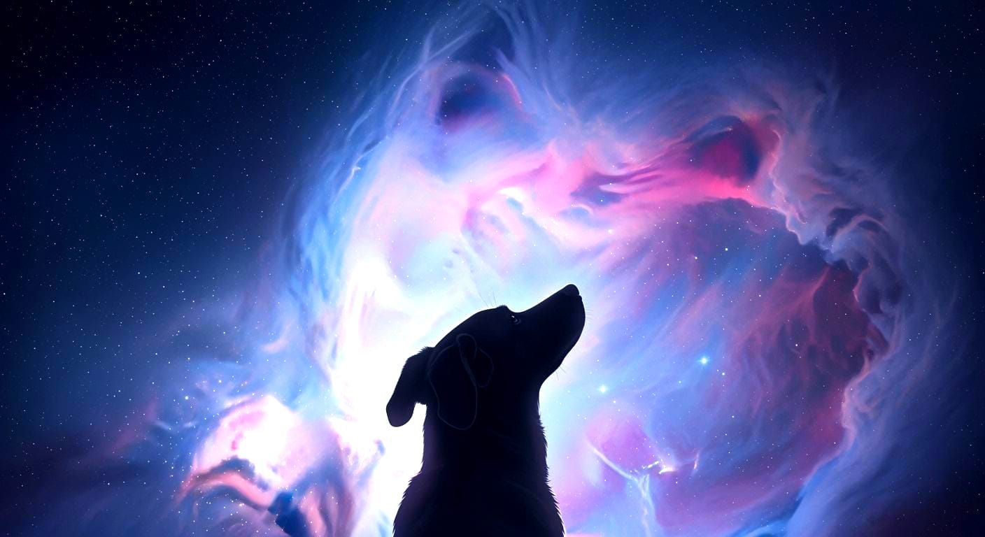 Hopeful Dog Gazes at Swirling Nebula in Digital Painting
