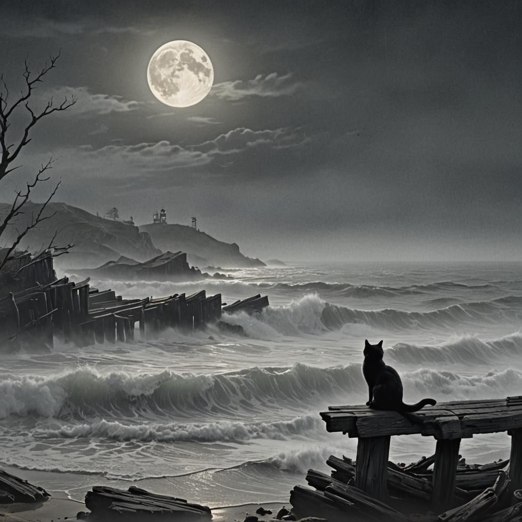 Eerie Coastal Cat Portrait in Gothic Style