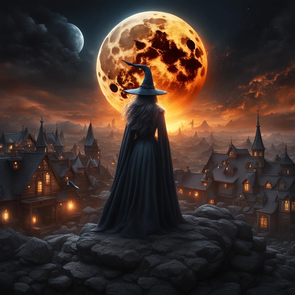 Voluptuous Witch During Lunar Eclipse: Digital Painting