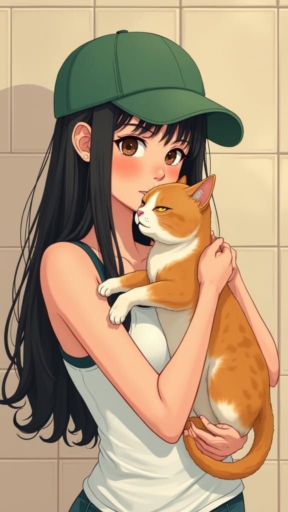 Cozy Moment of a Woman with Cat in Pastel Tiled Room