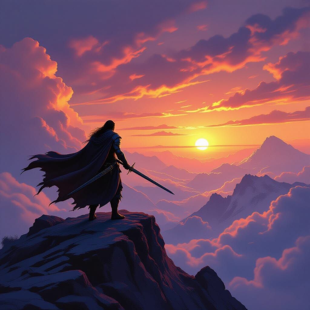 Epic Fantasy Warrior on Windswept Mountain Peak at Dawn