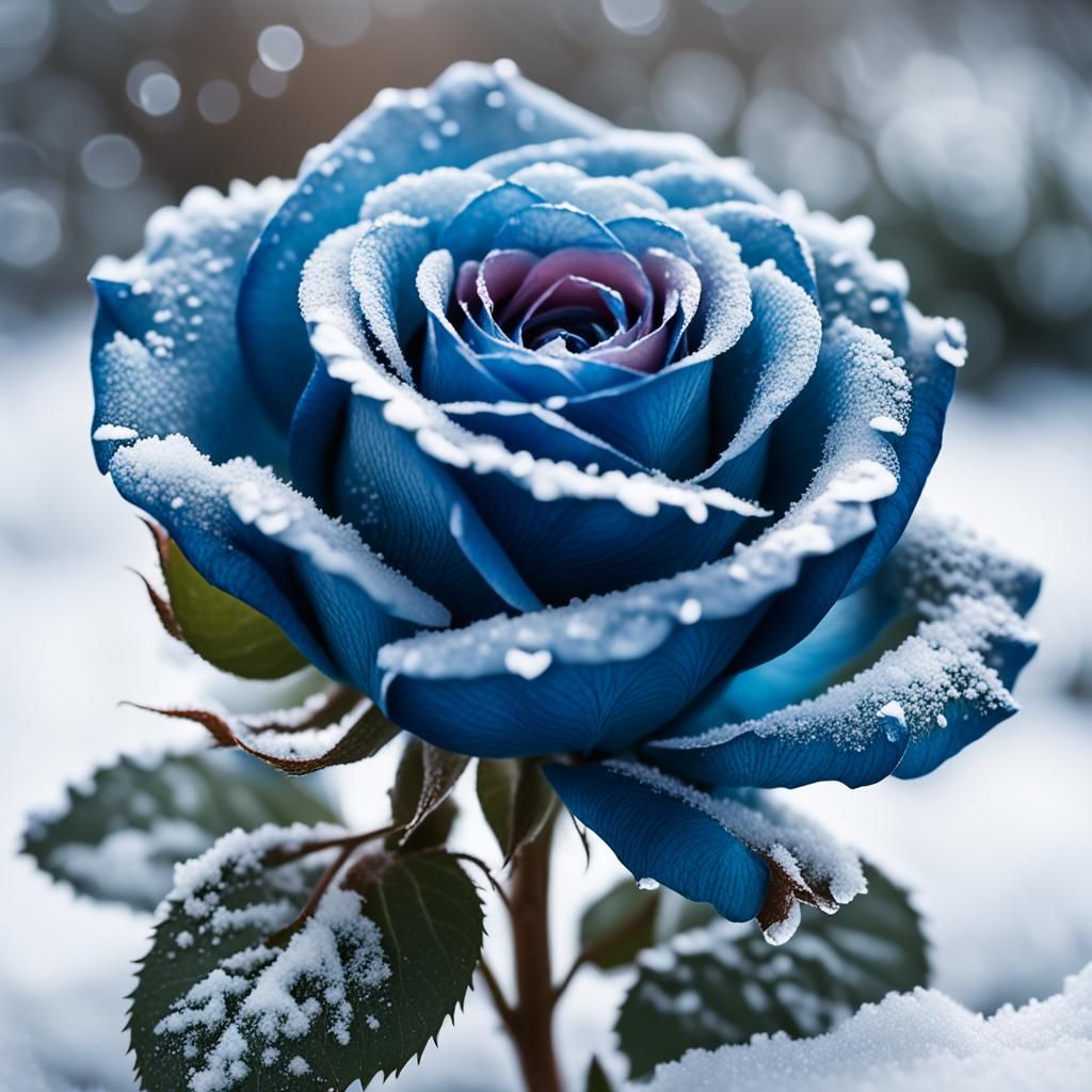 Iced Blue Rose in Winter Landscape: Photography