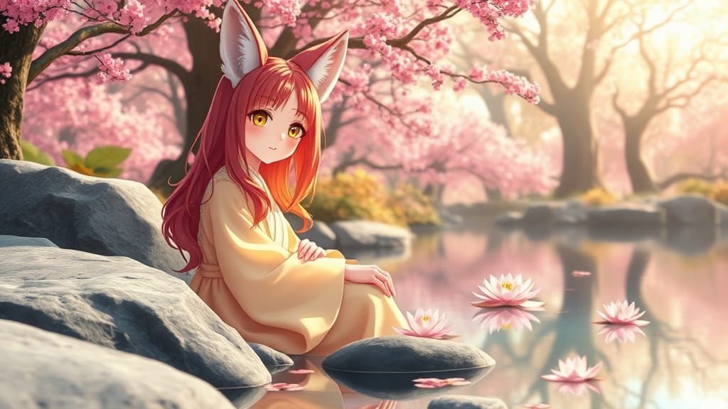 Anime Fox Girl with Cherry Blossoms as Digital Art