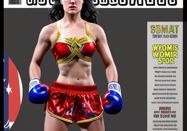 Sports magazine cover photo art style short shorts Wonder woman women's Boxing match sports drink headline
