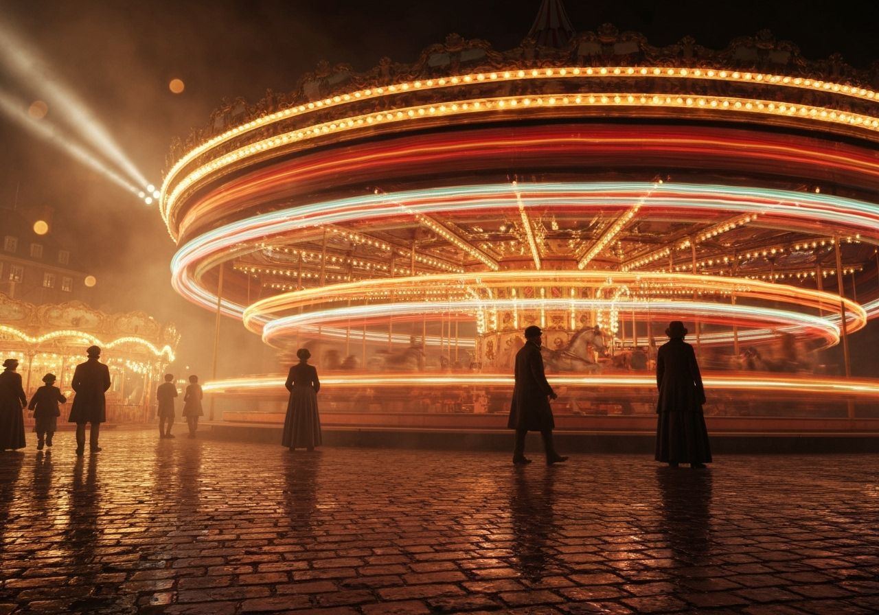 Nighttime Victorian Fairground Carousel in Gaslight and Elec...