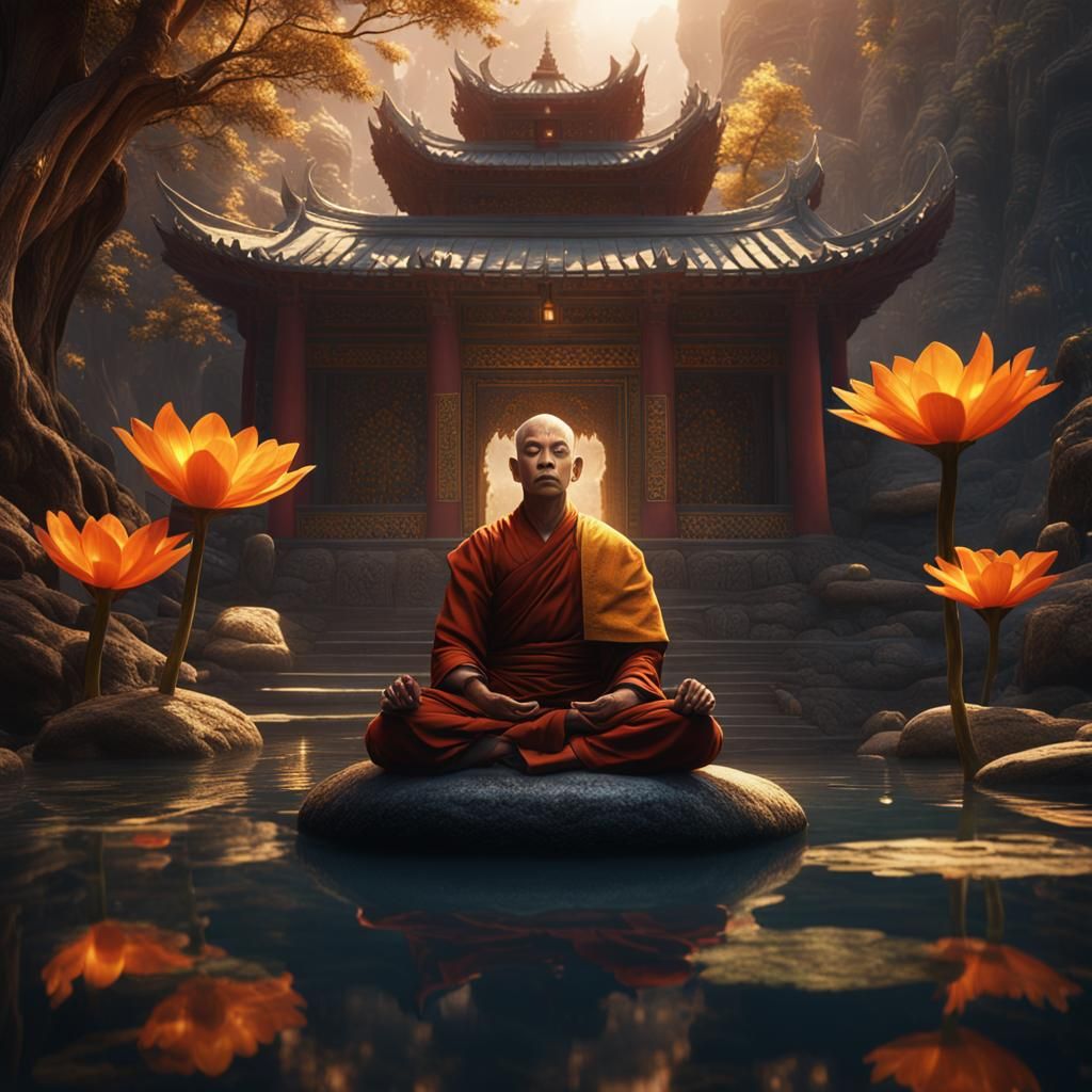 Detailed Monk Meditating in Fantasy Setting