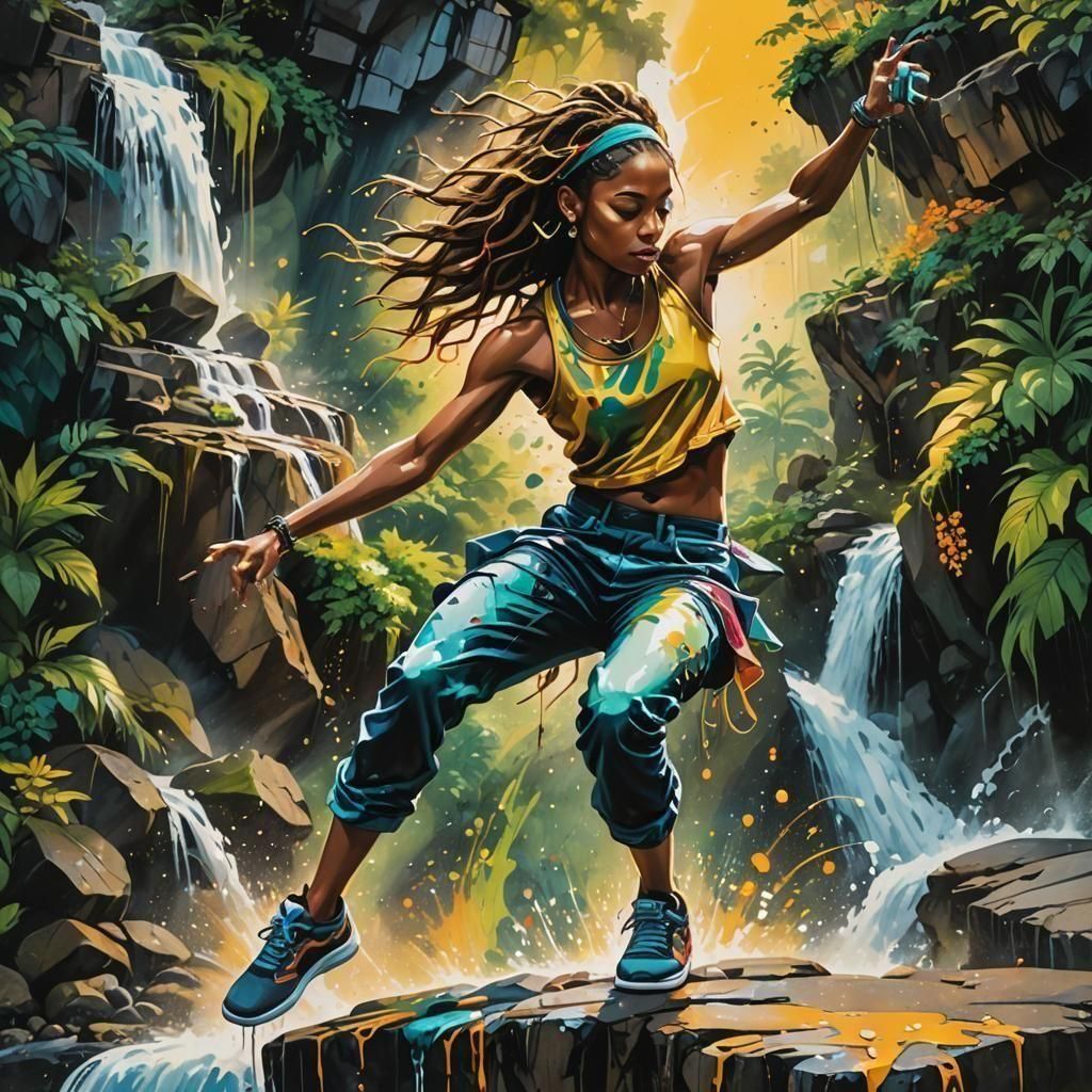 Hip-Hop Dance at Waterfall in Graffiti Splash Art