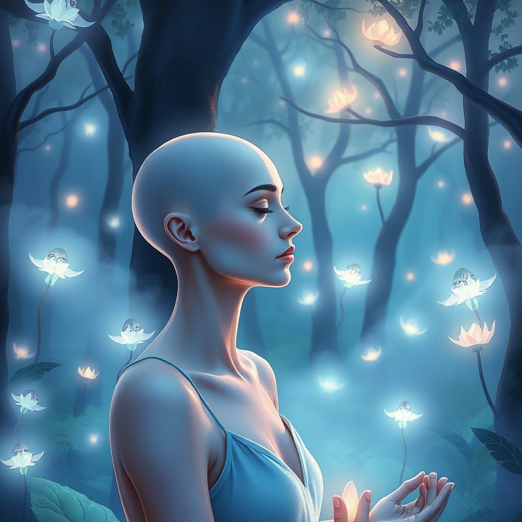 Bioluminescent Forest Meditation in Watercolor Style