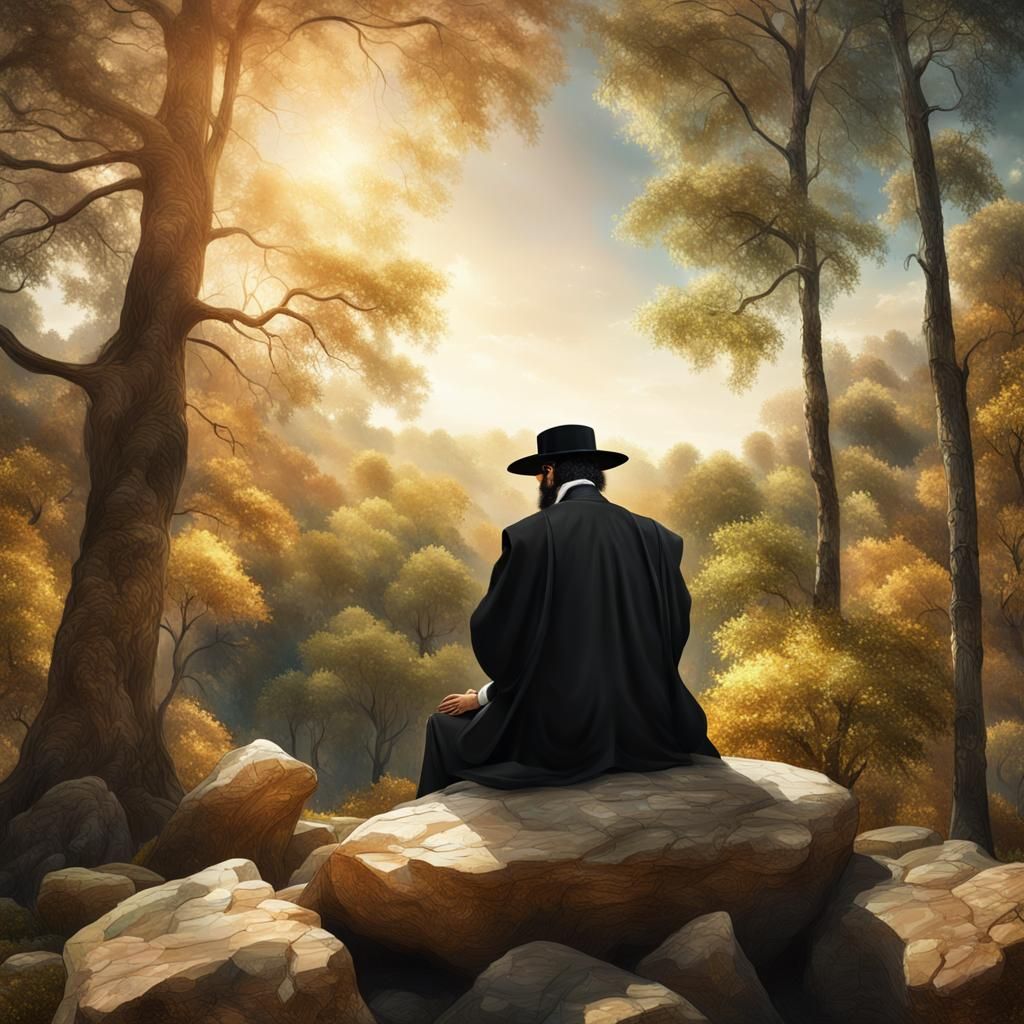 Sorrowful Orthodox Jew in Forest, Digital Art