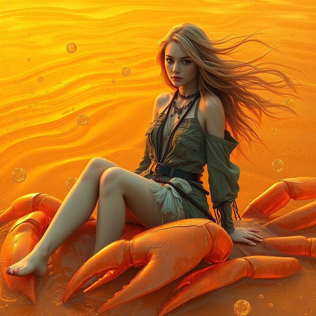 Woman on Gummy Crab in Effervescent Soda Sea