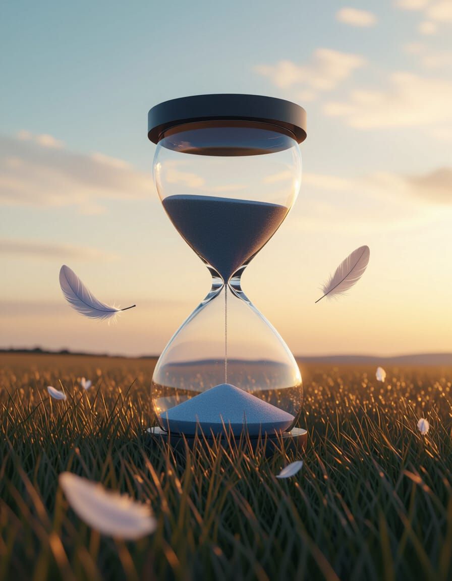 Surreal Twilight Field with Hourglass, Ethereal Landscape