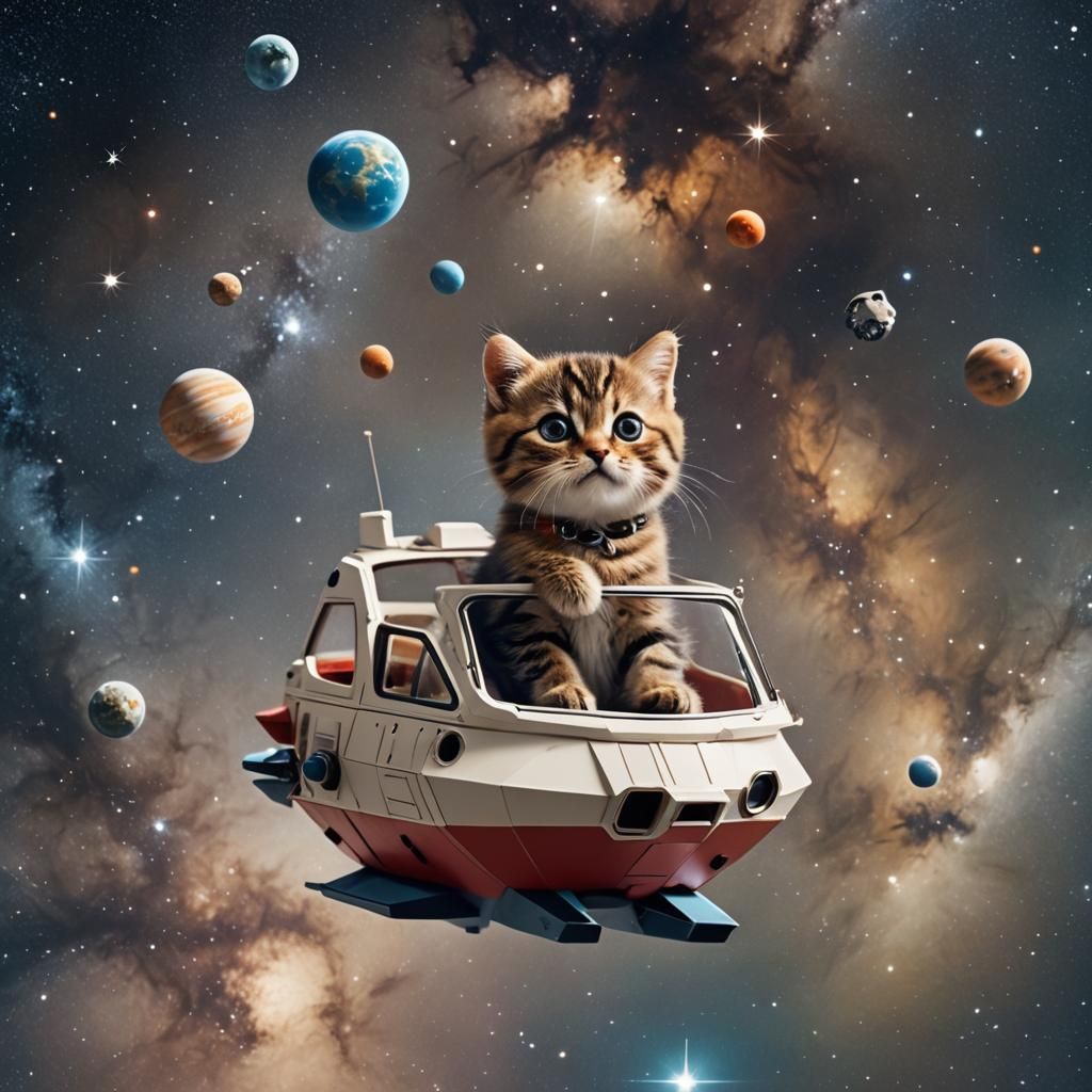 Cute Cat Piloting Spaceship in Outer Space