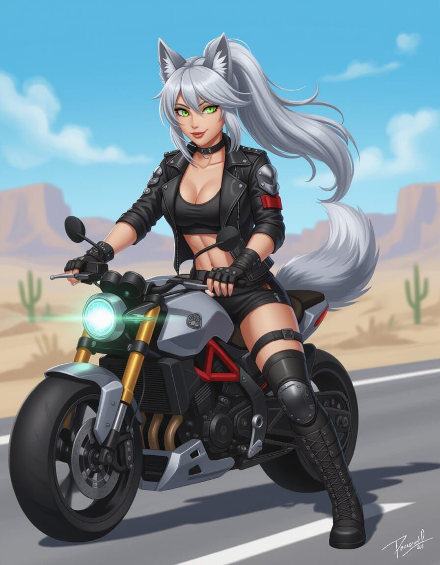 Anime-Style Wolf Woman Rides a Neon Hovercycle