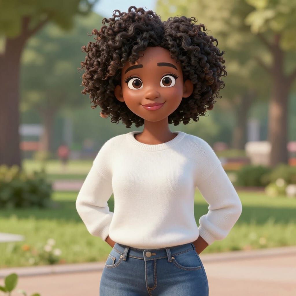 African Woman in Park, 3D Anime Style