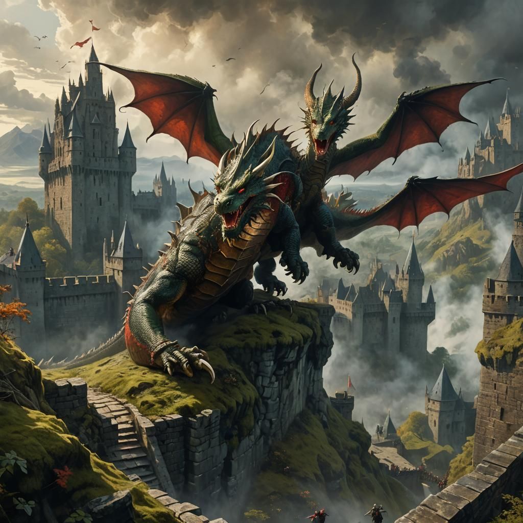Crimson Dragon Descends on Castle: Fantasy Art