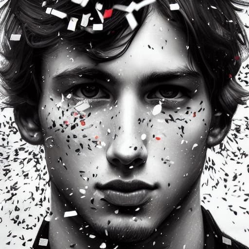 Monochrome Portrait of Young Man in Falling Confetti