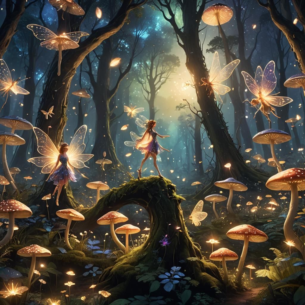 Fairies Dancing in Mythical Twilight Forest