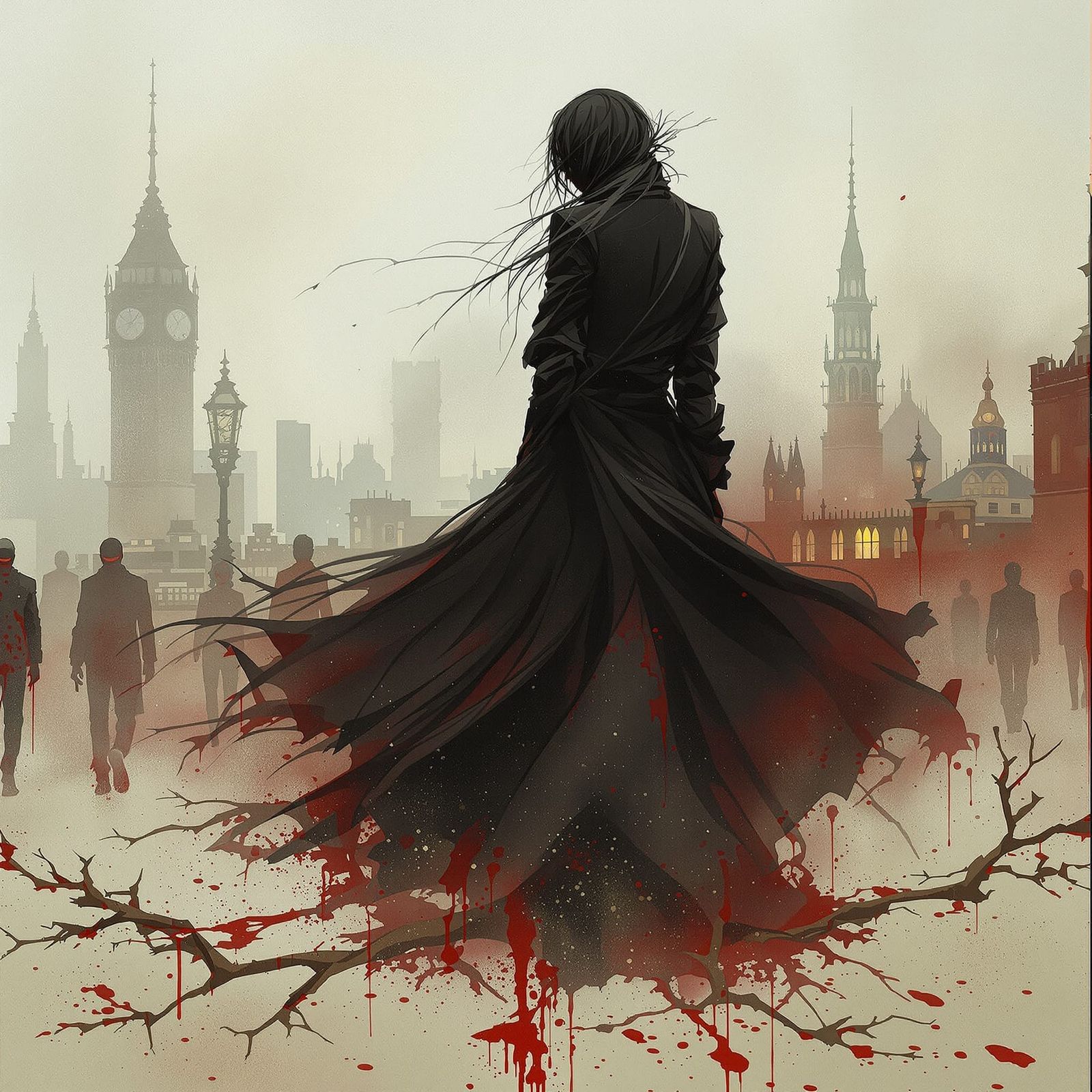 Woman Against Bleeding Skyline in Vermilion Smoke