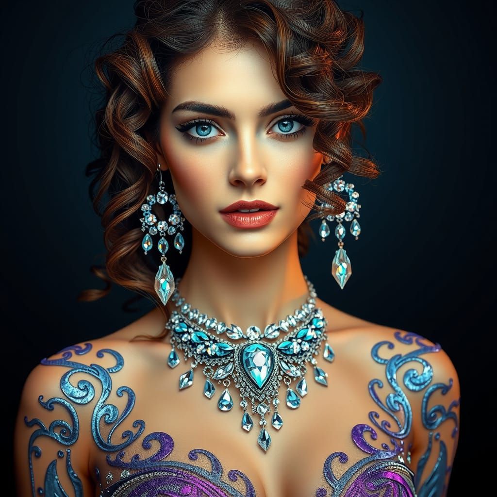 Ethereal Goddess in Iridescent Gown with Futuristic Jeweller...