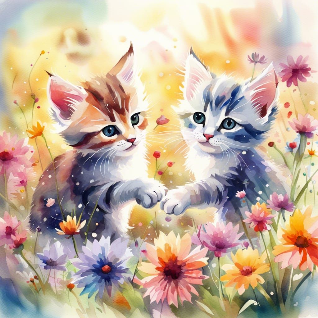 Watercolor Kittens Playing in a Summer Garden