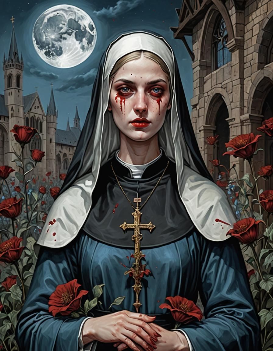 Hyperrealistic Nun in Dark Ages Gothic Setting