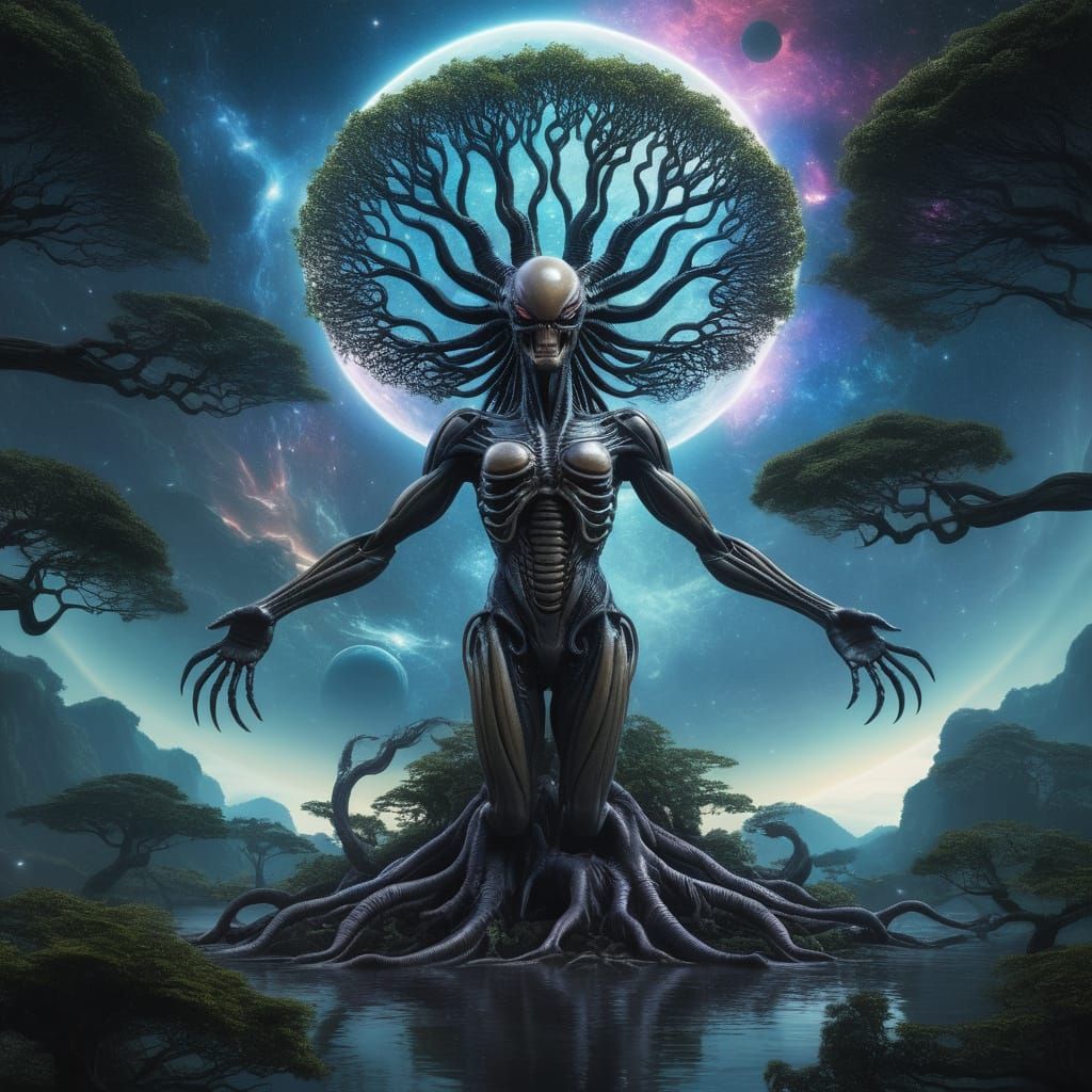 Ancestral Tree on Flying Island in Cosmic Nebula