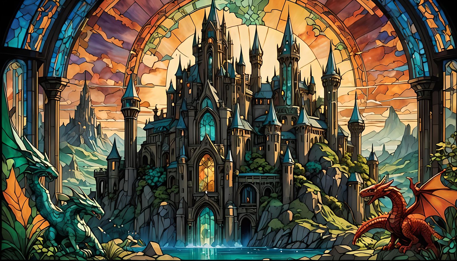Art Deco Fantasy Realm with Dragons and Heroes