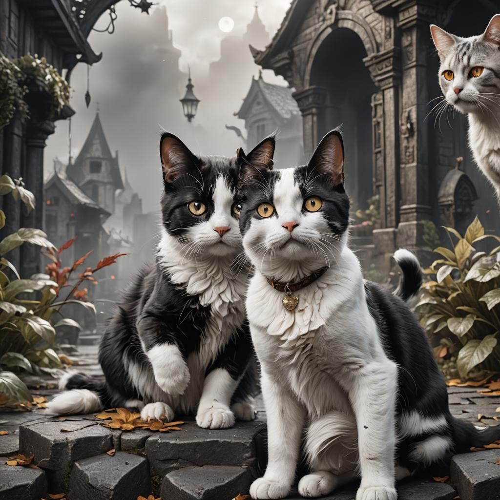 Black and White Portrait of Cat and Dog