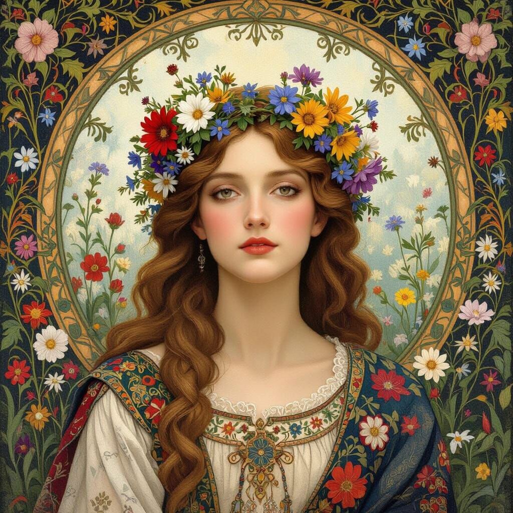 Virgo Adorned with Wildflowers in Pre-Raphaelite Style