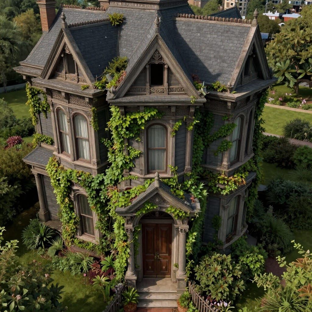 Overgrown Victorian House in Deep, Complementary Colors